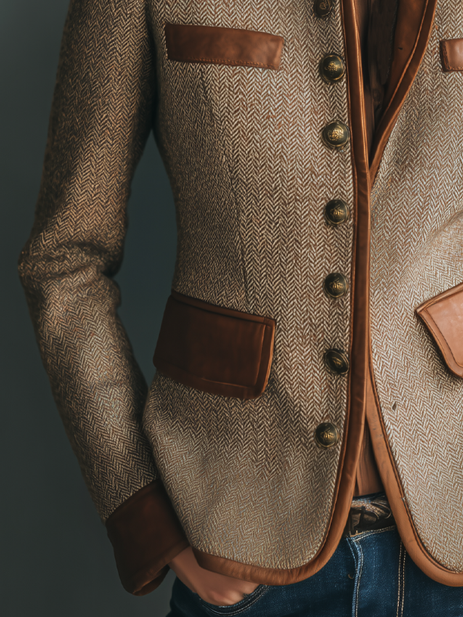 Elegant Brown Tweed Jacket for Women with Stand Collar Long Sleeve Leather Trim Fitted Style