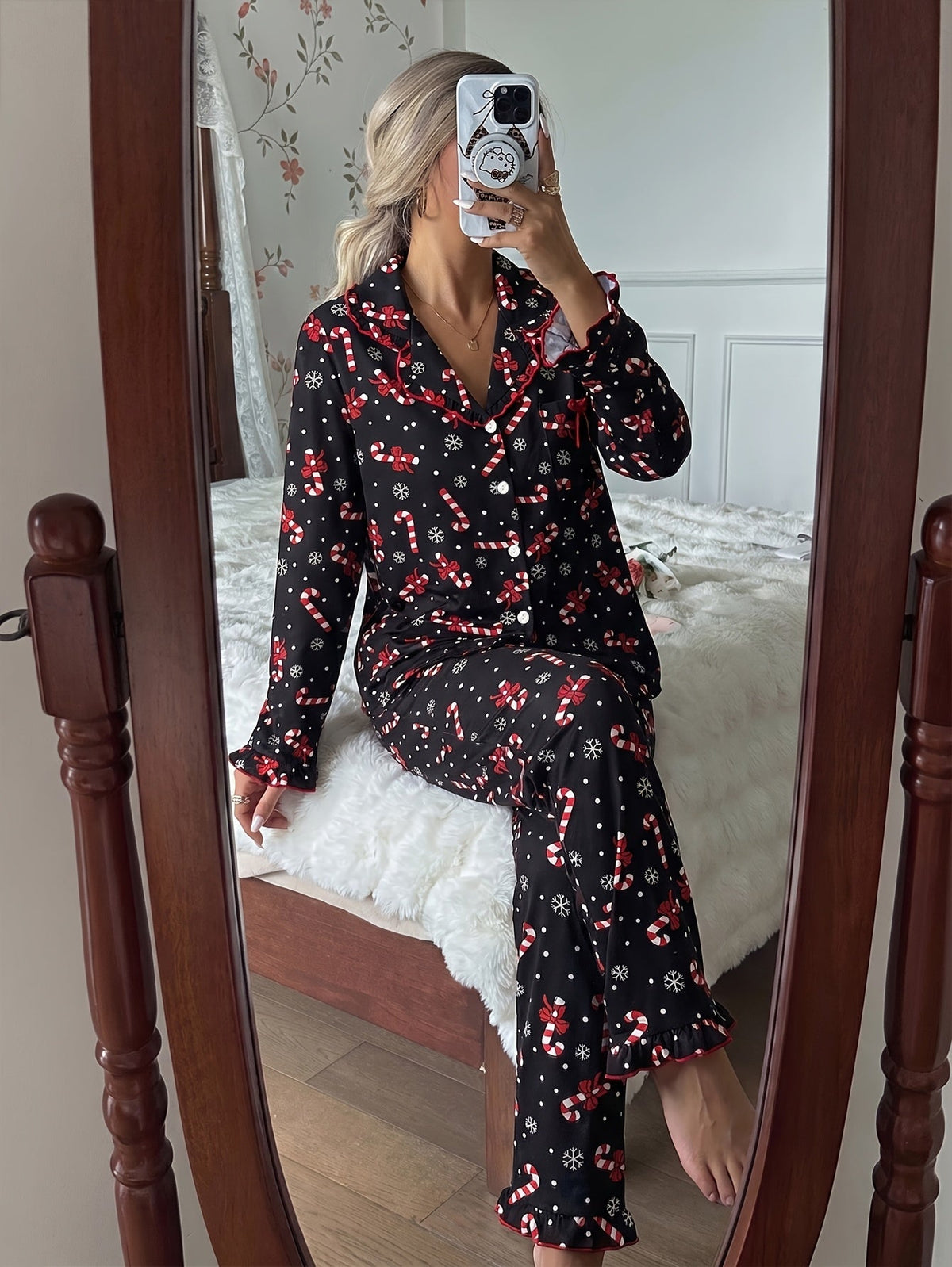 Warm Black Candy Cane Print Christmas Pajamas for Women with Notched Collar Long Sleeve Ruffle Trim Easy Style