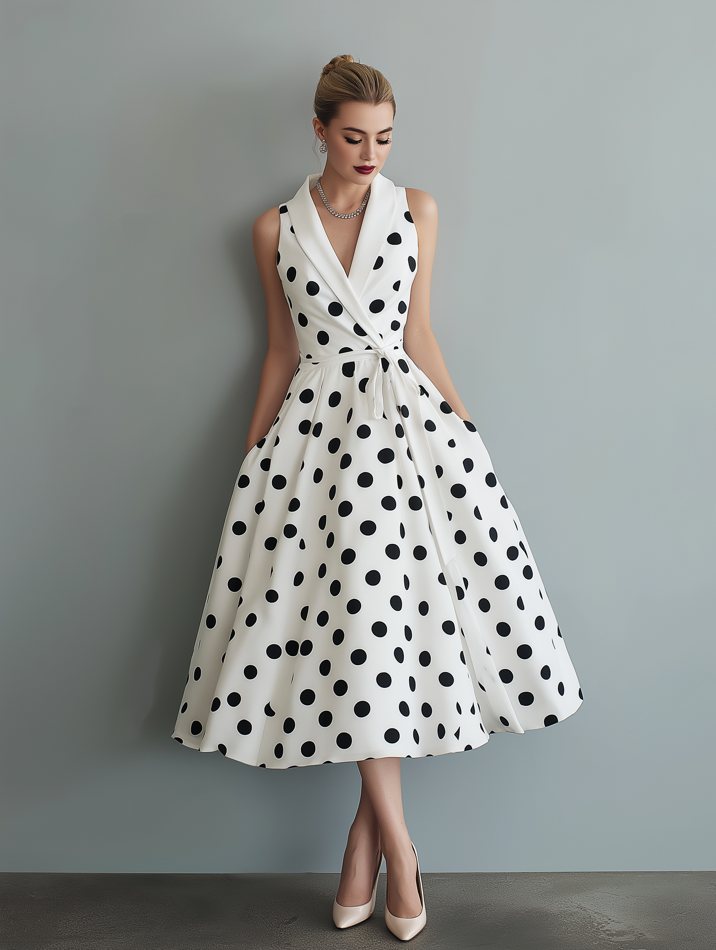 Elegant White Polka Dot Midi Dress for Women with Shawl Collar Sleeveless Wrap Fit and Flare Style
