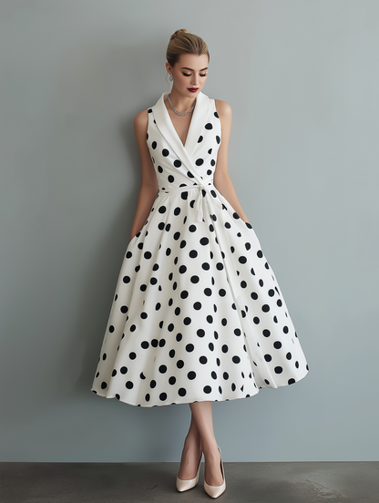 Elegant White Polka Dot Midi Dress for Women with Shawl Collar Sleeveless Wrap Fit and Flare Style