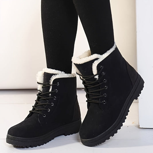 Warm Lace Up Snow Boots for Women with Fleece Cuff Almond Toe Chunky Sole Winter Snowproof Style