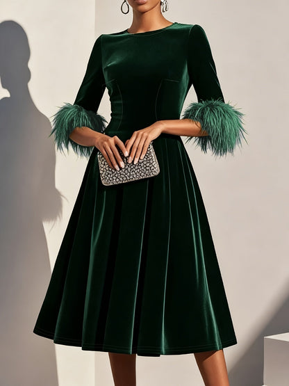 Effortless Velvet Semi Formal Dress for Women with Round Neck Feather Trim Sleeve Flared Midi Occasion Style