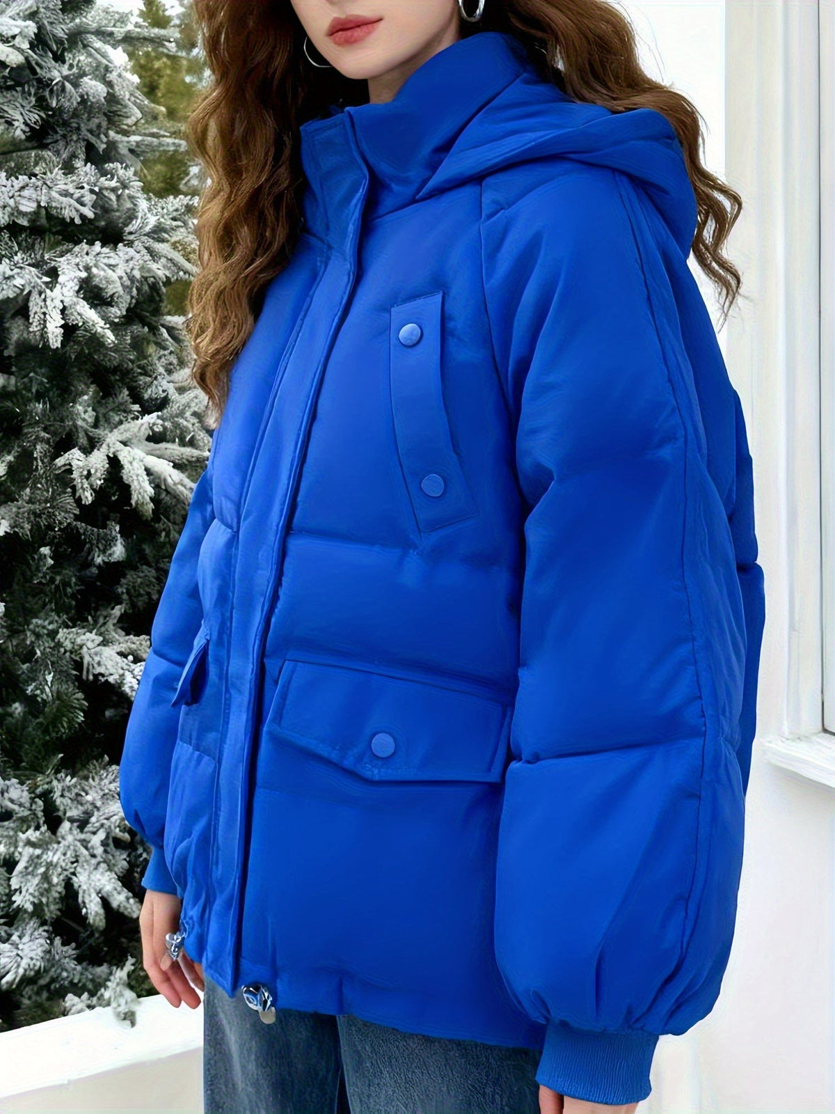 Warm Blue Puffer Ski Jacket for Women with Hooded Long Sleeve Oversized Flap Pocket Daily Style