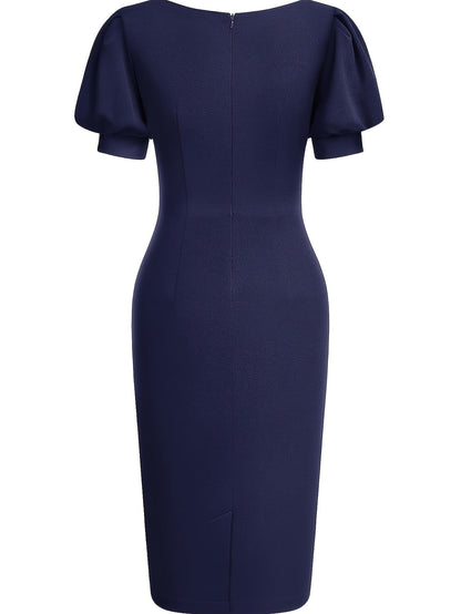 Effortless Cocktail Dress for Women with Scalloped V Neck Balloon Sleeve Bodycon Knee Length Occasion Style