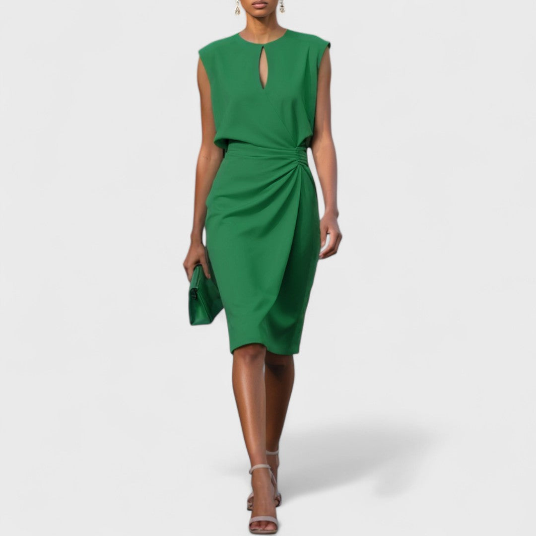 Elegant Keyhole Midi Dress for Women with Round Neck Cap Sleeve Ruched Wrap Cocktail Style