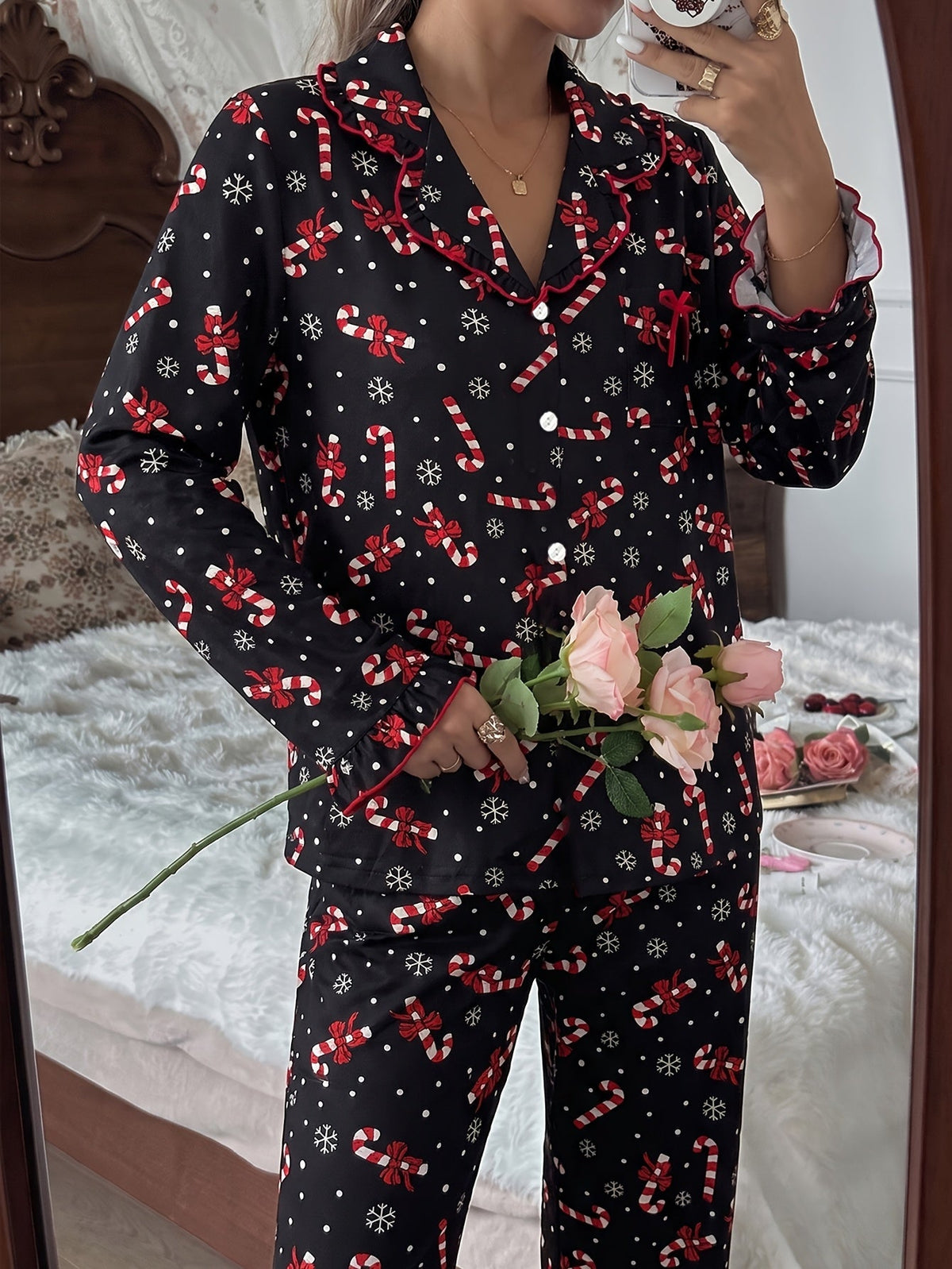 Warm Black Candy Cane Print Christmas Pajamas for Women with Notched Collar Long Sleeve Ruffle Trim Easy Style