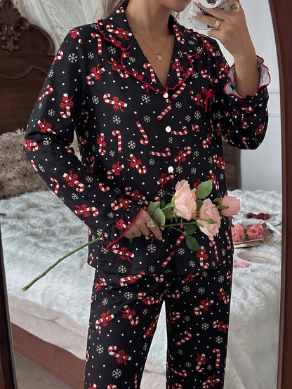 Warm Black Candy Cane Print Christmas Pajamas for Women with Notched Collar Long Sleeve Ruffle Trim Easy Style