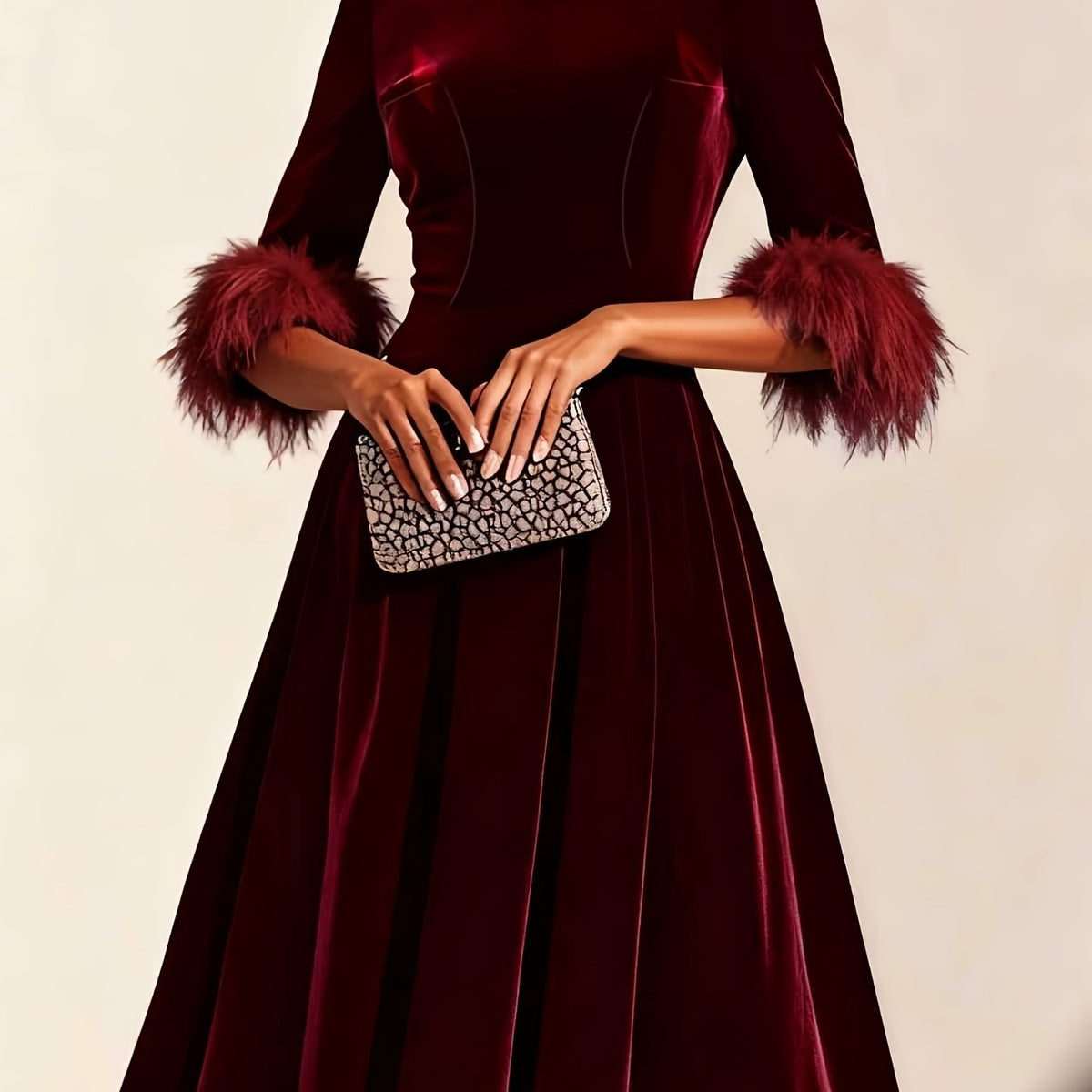 Effortless Velvet Semi Formal Dress for Women with Round Neck Feather Trim Sleeve Flared Midi Occasion Style