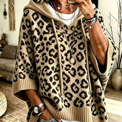 Easy Leopard Print Oversized Hoodie for Women with Hooded Neck Batwing Sleeve Drawstring Knit Style
