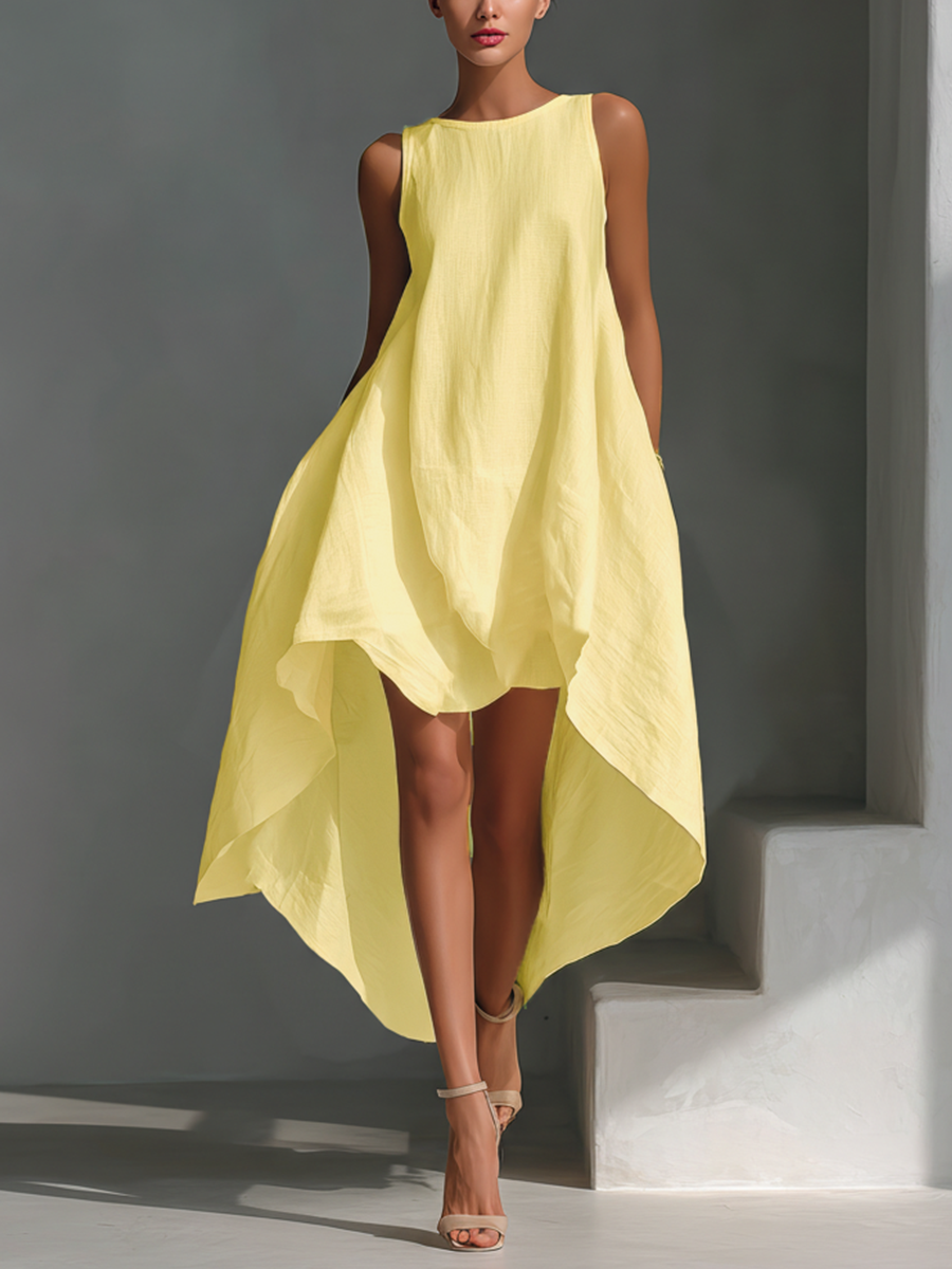 Effortless Linen High Low Dress for Women with Round Neck Sleeveless Flowing Asymmetrical Style