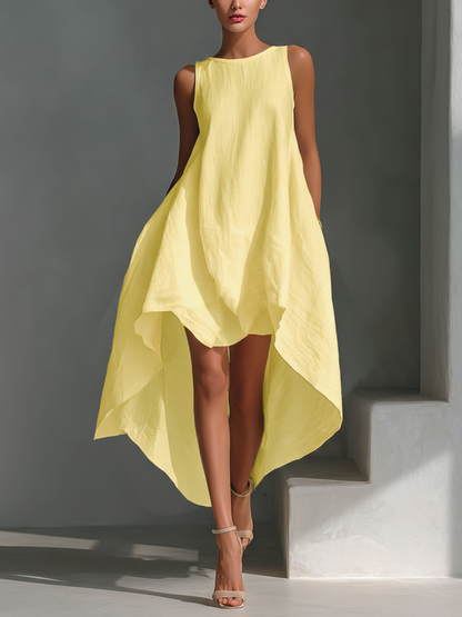 Effortless Linen High Low Dress for Women with Round Neck Sleeveless Flowing Asymmetrical Style