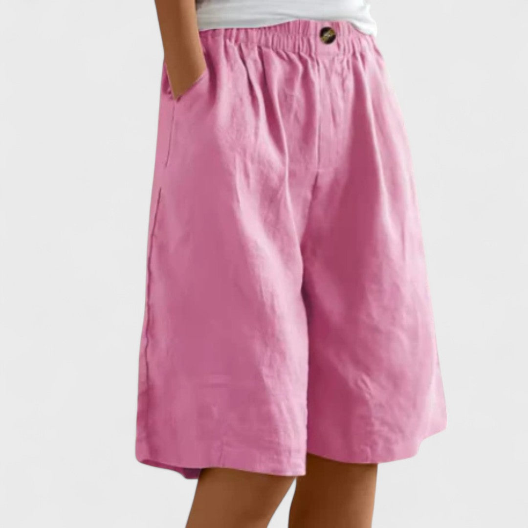 Effortless Linen Bermuda Shorts for Women with High Waist Elastic Button Wide Leg Casual Style