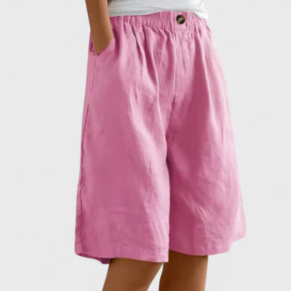 Effortless Linen Bermuda Shorts for Women with High Waist Elastic Button Wide Leg Casual Style