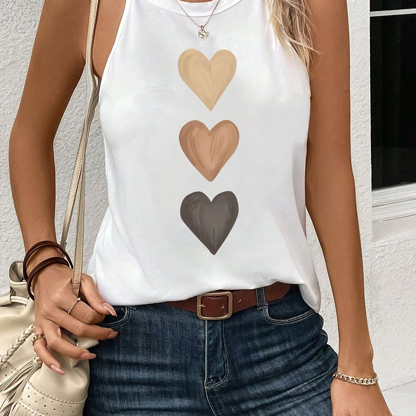 Effortless Heart Print Tank Top for Women with High Neck Sleeveless Racerback Casual Style