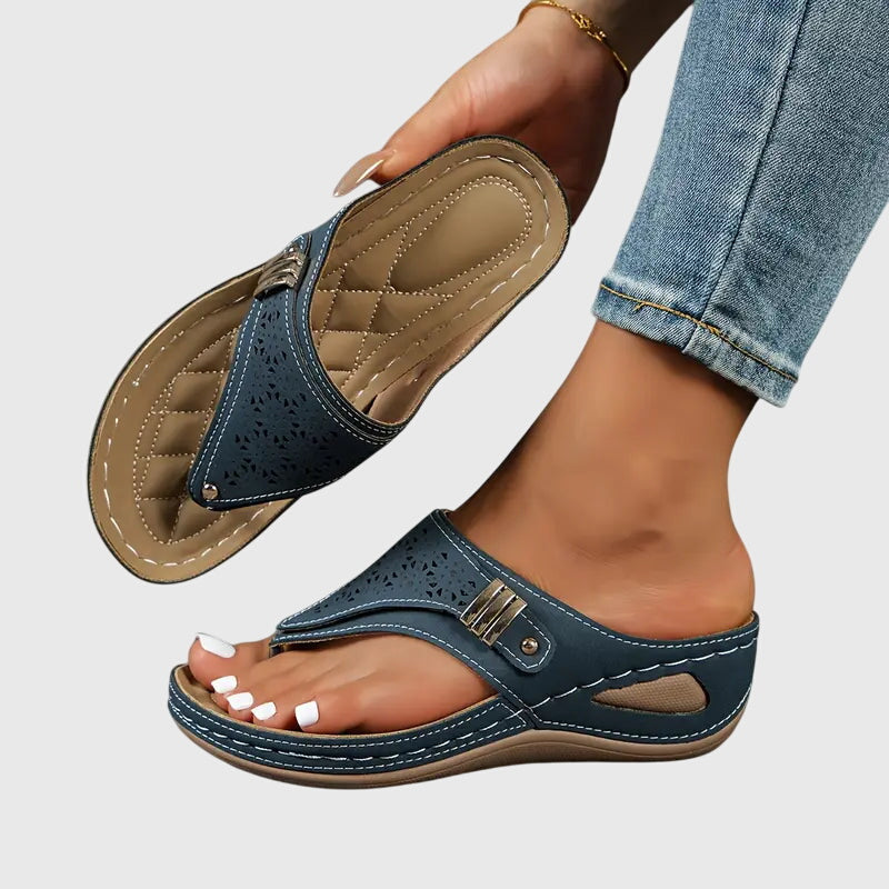 Comfortable Wedge Sandal for Women with Toe Post Buckle Strap Perforated Cushioned Style