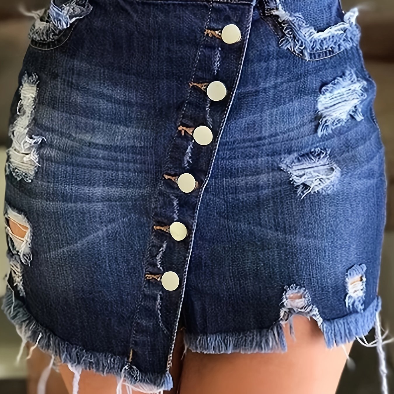 Elegant Blue Distressed Denim Mini Skirt for Women with Button Front Frayed Hem Asymmetrical Style