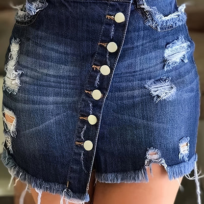 Elegant Blue Distressed Denim Mini Skirt for Women with Button Front Frayed Hem Asymmetrical Style