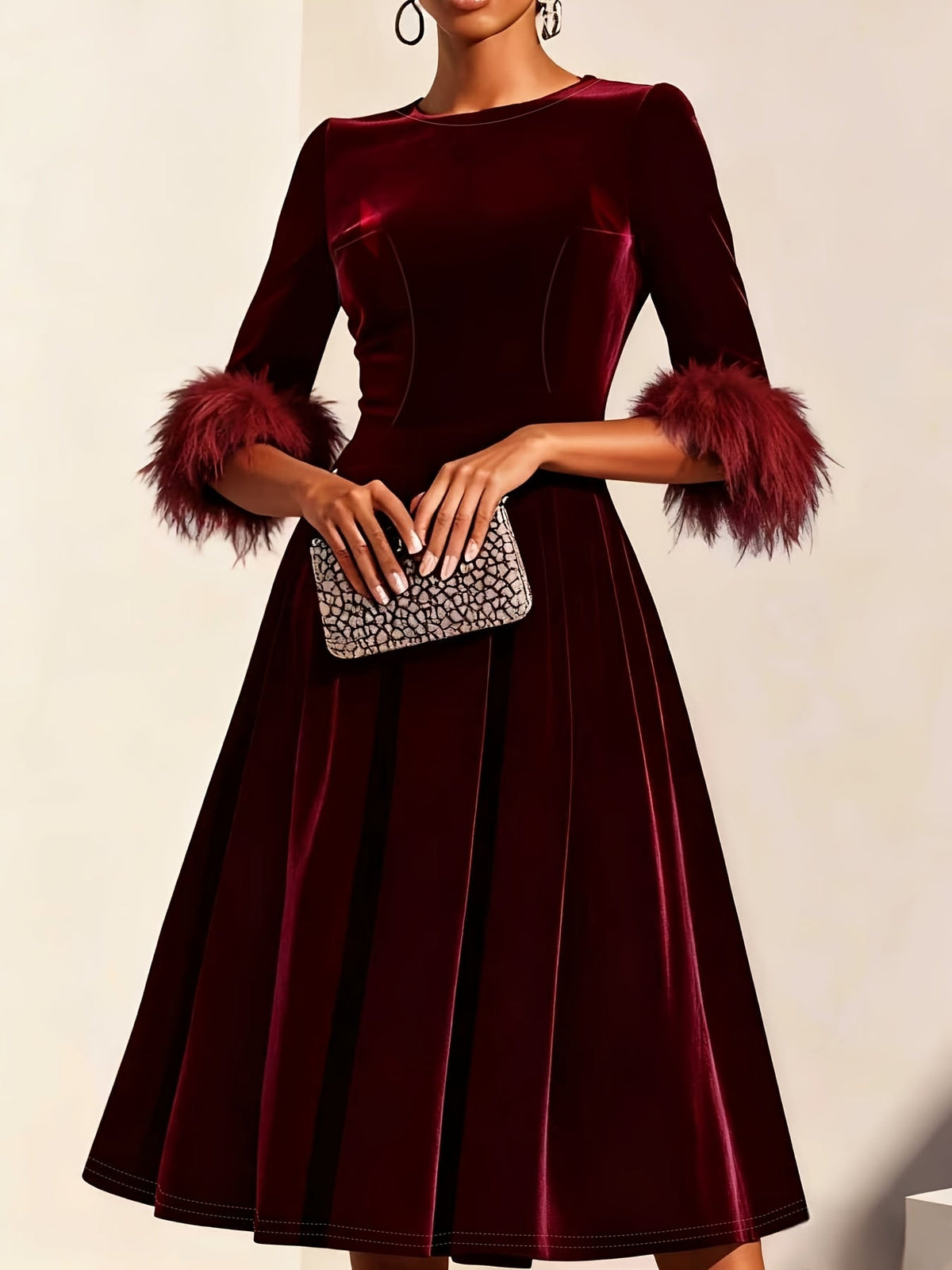 Effortless Velvet Semi Formal Dress for Women with Round Neck Feather Trim Sleeve Flared Midi Occasion Style