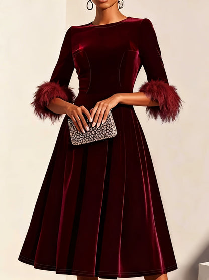 Effortless Velvet Semi Formal Dress for Women with Round Neck Feather Trim Sleeve Flared Midi Occasion Style