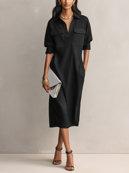 Elegant Black Shirt Dress for Women with Collar Long Sleeve Button Front Relaxed Midi Style