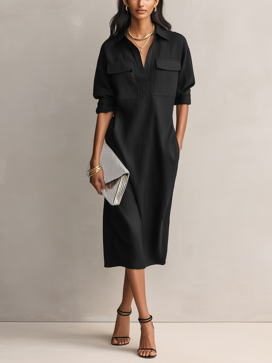 Elegant Black Shirt Dress for Women with Collar Long Sleeve Button Front Relaxed Midi Style
