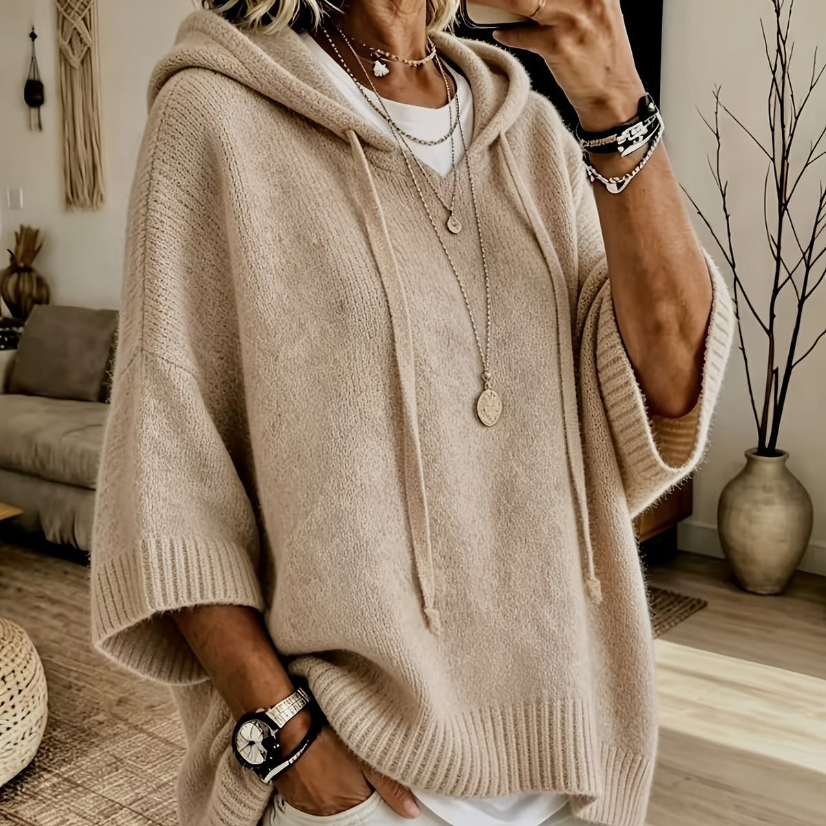 Easy Knit Oversized Hoodie for Women with Hooded Neck Half Sleeve Batwing Easy Style