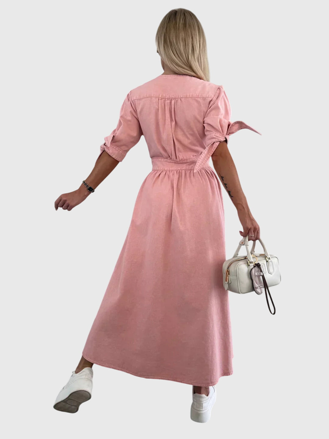 Effortless Denim Maxi Dress for Women with V Neck Elbow Sleeve Button Front Flowing Casual Style