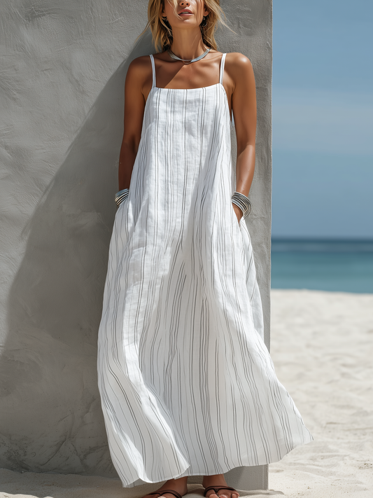 Effortless White Striped Linen Maxi Dress for Women with Square Neck Spaghetti Strap Flowing Bohemian Style