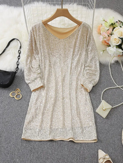 Elegant Sequin Cocktail Dress for Women with One Shoulder Batwing Sleeve Bodycon Sparkle Formal Party Style