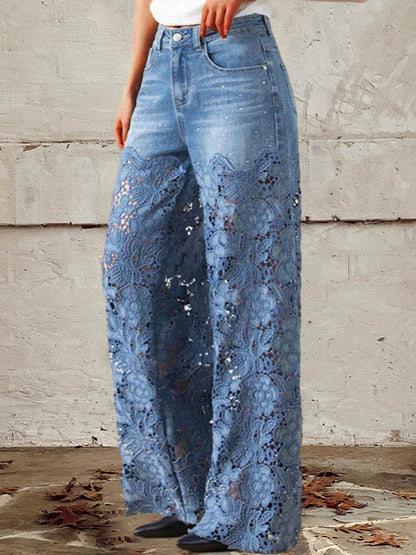 Elegant Blue Wide Leg Jeans for Women with High Waist Floral Crochet Lace Overlay Boho Style