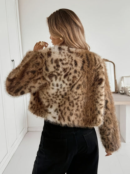 Stylish Leopard Print Flurry Coat for Women with Round Neck Cropped Faux Fur Soft Warm Cold Weather Style
