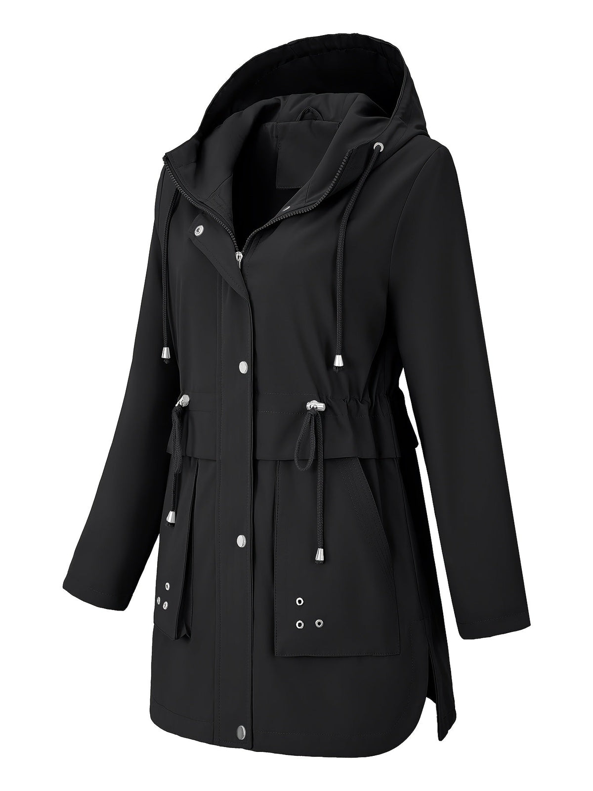 Refined Hooded Rainwear Jacket for Women with Drawstring Waist Front Zip Windbreaker All Weather Style