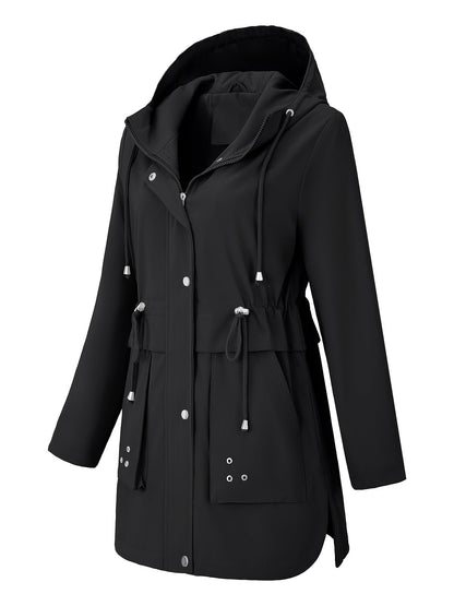 Refined Hooded Rainwear Jacket for Women with Drawstring Waist Front Zip Windbreaker All Weather Style