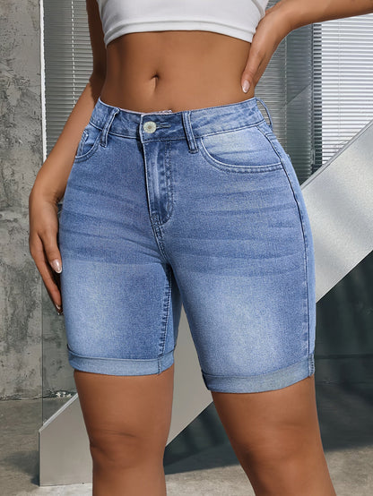 Effortless Blue Denim Bermuda Shorts for Women with High Waist Rolled Cuff Relaxed Casual Style