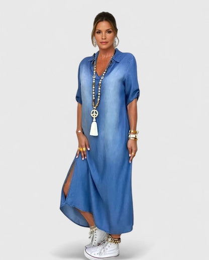 Effortless Blue Denim Maxi Dress for Women with Collar Elbow Sleeve High Low Hem Bohemian Style