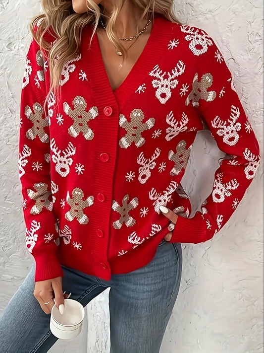 Warm Red Sequin Christmas Sweater for Women with V Neck Long Sleeve Button Down Cardigan Style