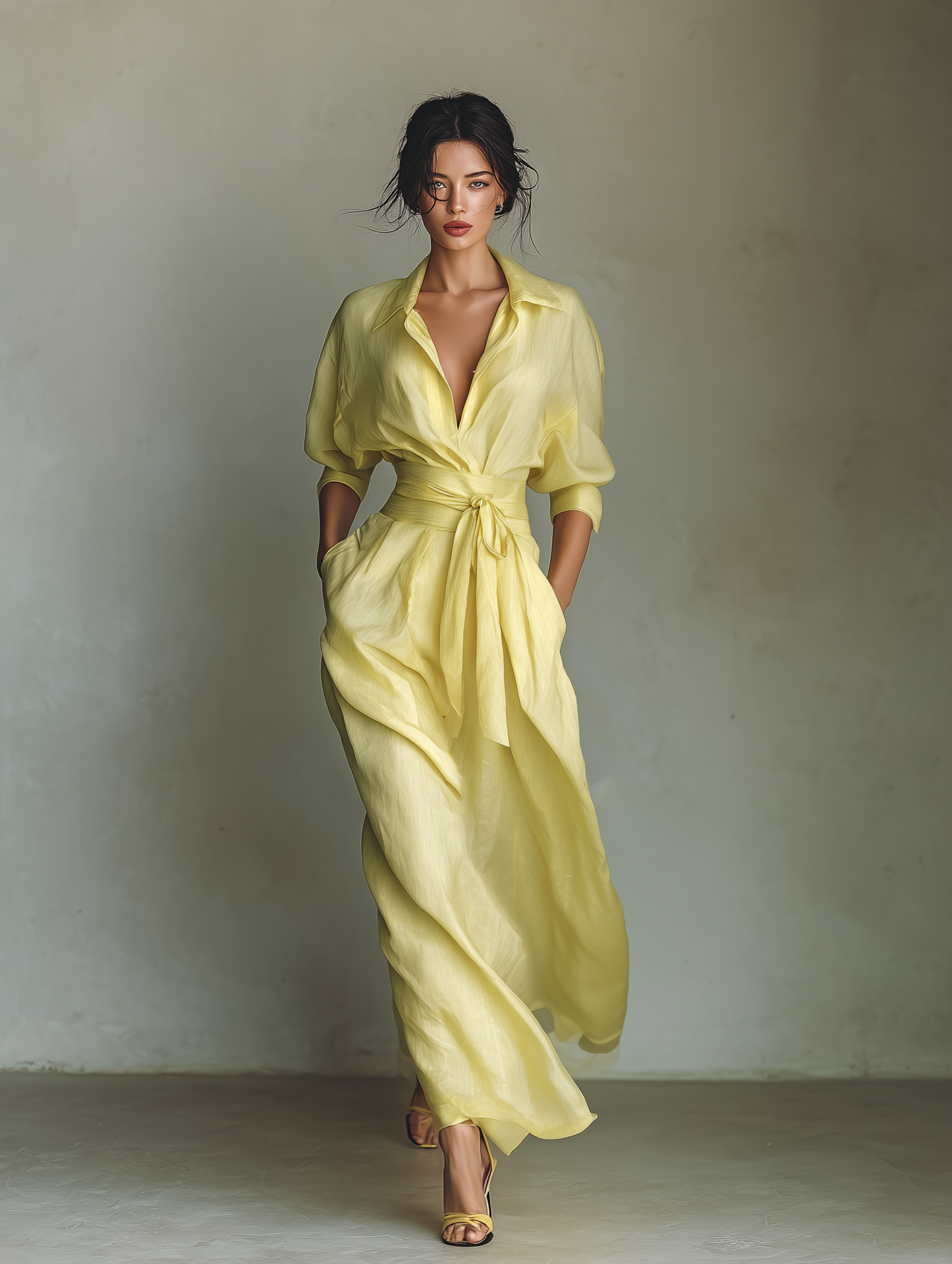 Elegant Yellow Linen Maxi Dress for Women with Collar Wrap Elbow Sleeve Flowing Style
