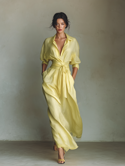 Elegant Yellow Linen Maxi Dress for Women with Collar Wrap Elbow Sleeve Flowing Style