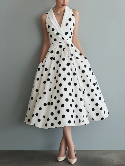 Elegant White Polka Dot Midi Dress for Women with Shawl Collar Sleeveless Wrap Fit and Flare Style