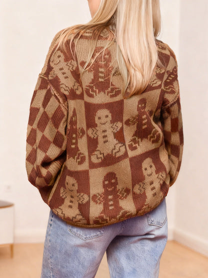 Warm Light Brown Gingerbread Christmas Sweater for Women with Crew Neck Balloon Sleeve Checkered Easy Fit Knit Style