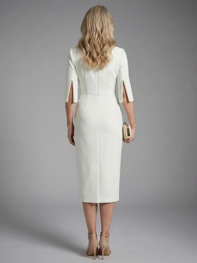 Elegant Pearl Embellished Sheath Midi Dress for Women with Boat Neck Split Sleeve Bodycon Cocktail Style