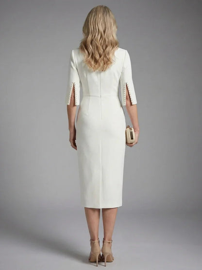 Elegant Pearl Embellished Sheath Midi Dress for Women with Boat Neck Split Sleeve Bodycon Cocktail Style