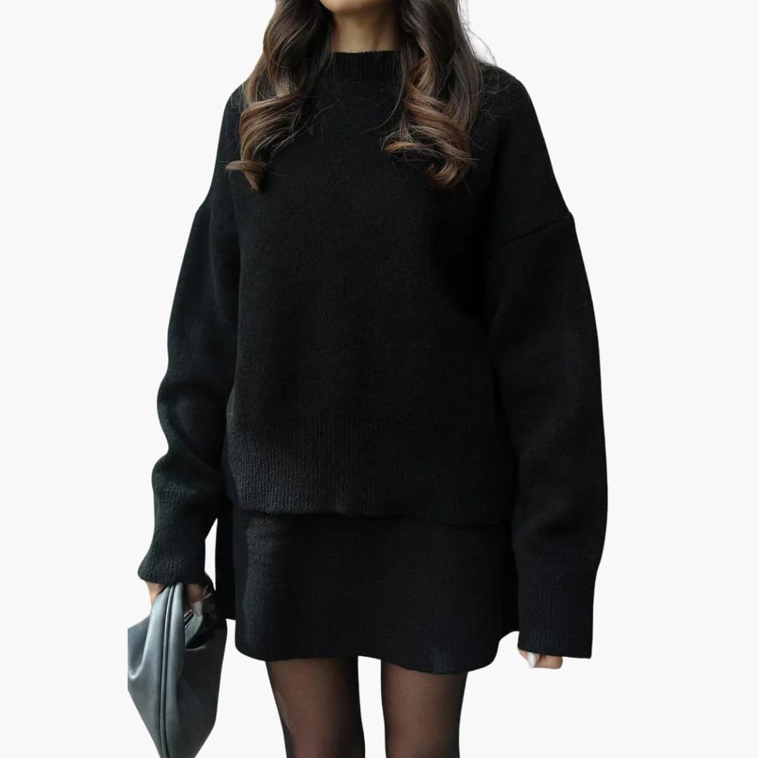 Stylish Black Knit Two Piece Set for Women with Round Neck Sweater High Waist Mini Skirt Loungewear Style