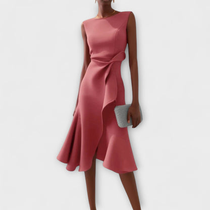 Elegant Draped Cocktail Dress for Women with Boat Neck Sleeveless Ruffle Hem Formal Party Style