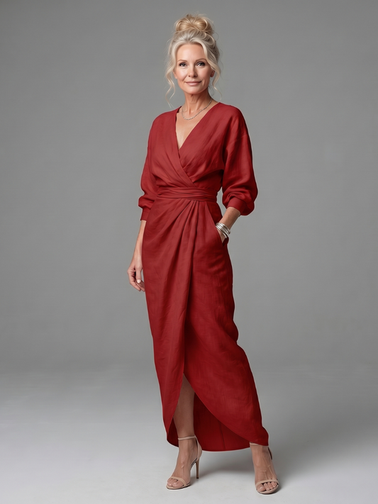 Elegant Red Dress for Women with V Neck Long Sleeve Diagonal Drape Maxi Style