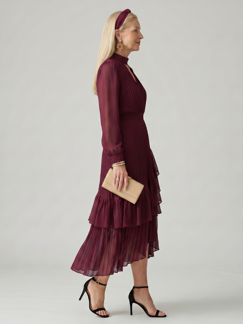 Elegant Red Dress for Women with High Neck Long Sleeve Tiered Ruffle Midi Style