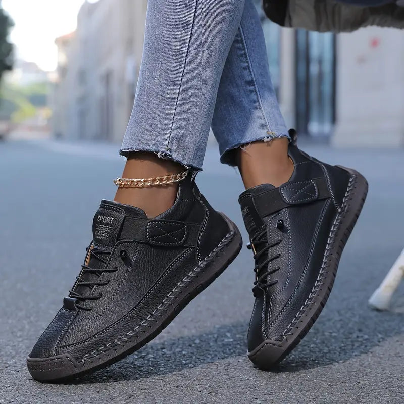 Comfortable Leather Sneakers for Women with Lace Up Velcro Strap Hand Stitched Casual Style