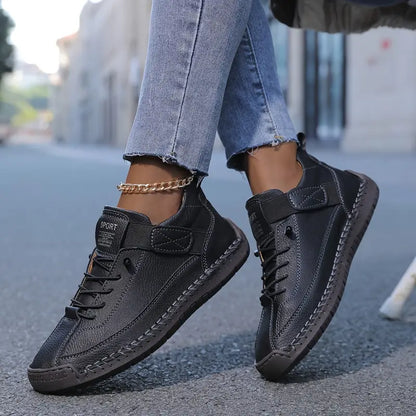 Comfortable Leather Sneakers for Women with Lace Up Velcro Strap Hand Stitched Casual Style