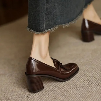Elegant Patent Leather Tassel Loafer for Women with Bow Detail Block Heel Almond Toe Style