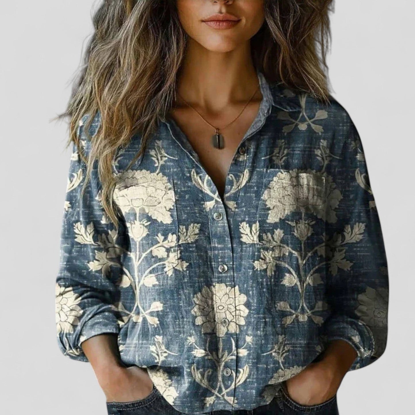 Effortless Patchwork Floral Blouse for Women with Collar Long Sleeve Button Front Bohemian Style